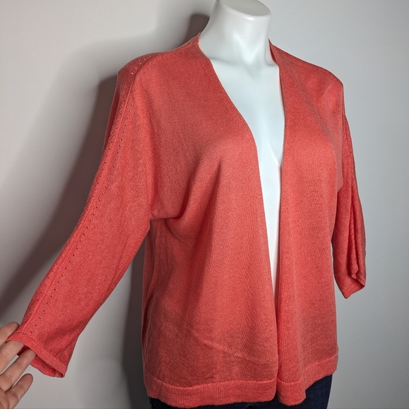 J Jill Peach Salmon Loose Knit Lightweight Linen Blend Open Cardigan Sweater M - Picture 4 of 8
